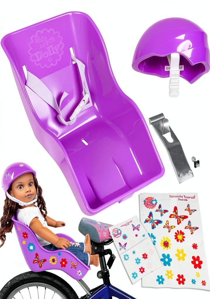 Child riding a bike with purple doll seat and helmet installed